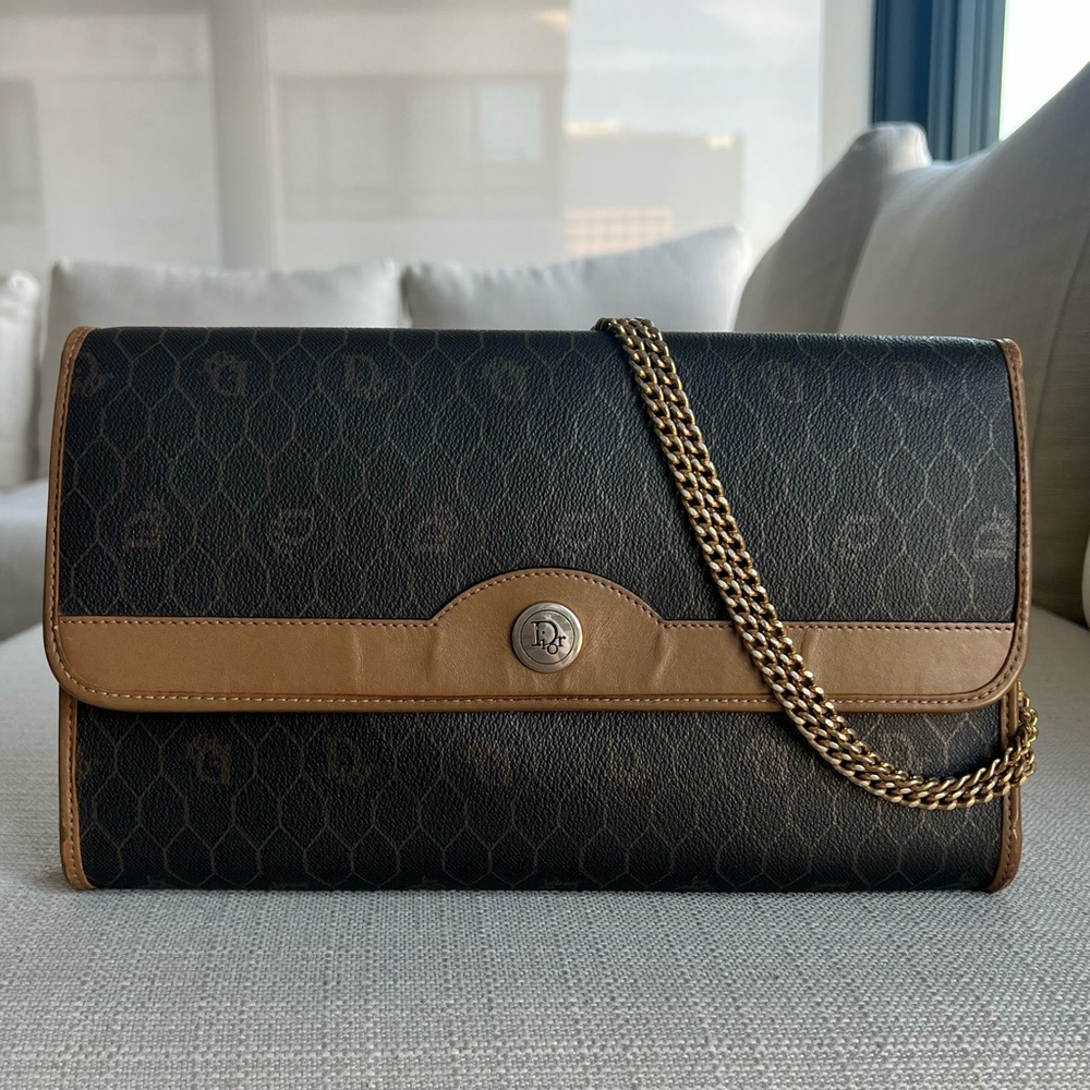 Dior Brown Honeycomb Coated Canvas Chain Crossbody Bag Dark brown